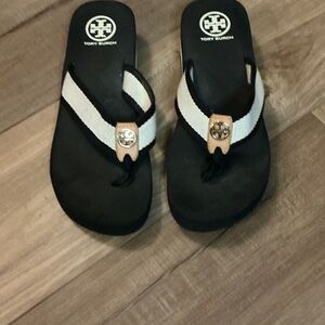Tory Burch Black and Cream Flip Flops